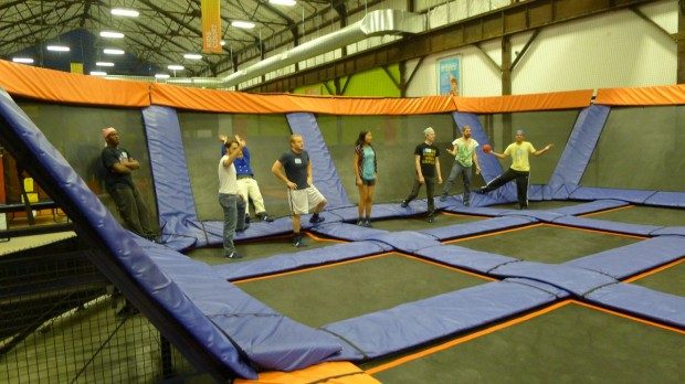 Dimagi staff playing trampoline dodgeball at the 2012 all-hands meeting