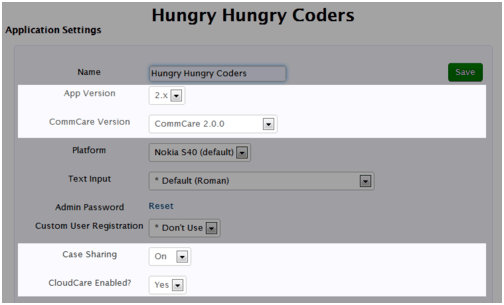 CommCare HQ application settings for the sample 'Hungry Hungry Coders' app