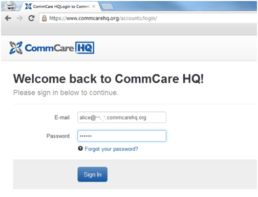 The CommCare HQ web sign-in screen