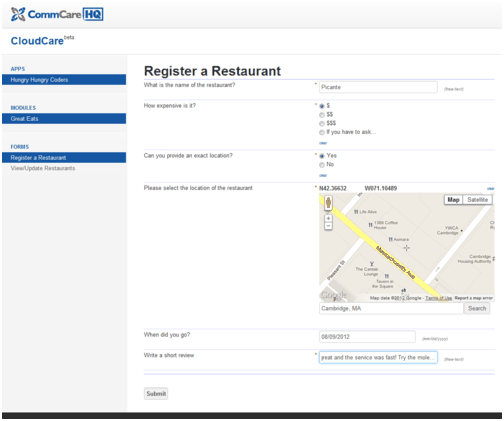 Filling out the 'Register a Restaurant' form in CloudCare, with a map location picker