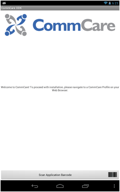 The CommCare Android app welcome screen prompting installation from a CommCare profile