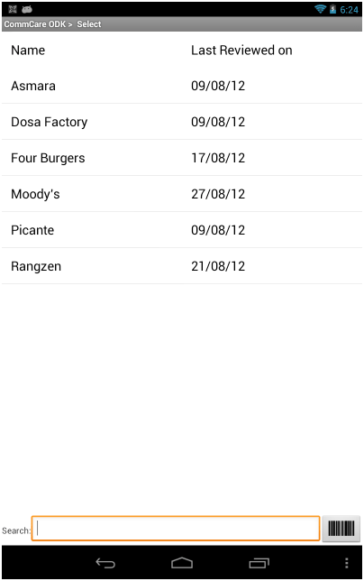 A list of reviewed restaurants with review dates in the CommCare Android app