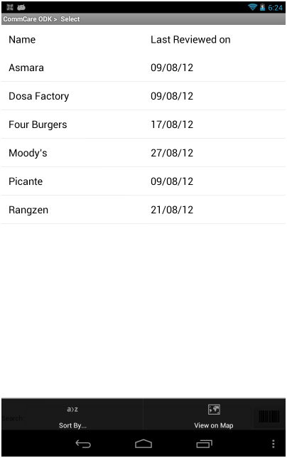 Sort and 'View on Map' options for the restaurant list in the CommCare Android app