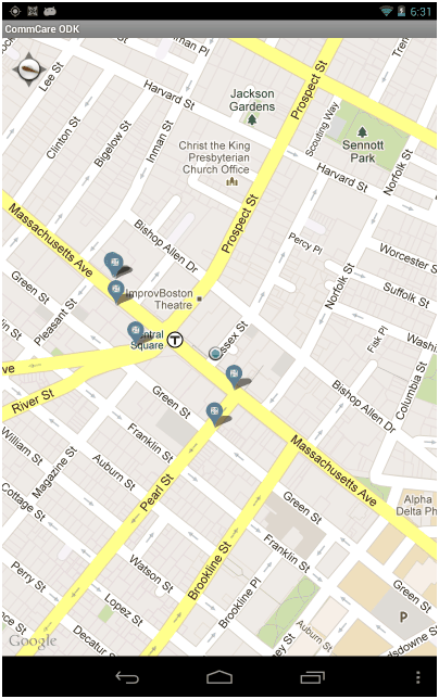 Reviewed restaurants shown as pins on a map in the CommCare Android app