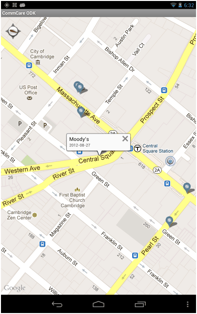 A restaurant's details opened from a map pin in the CommCare Android app