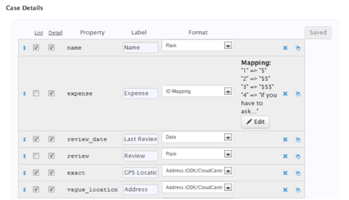 Completed case details showing properties, labels and formats in CommCare HQ