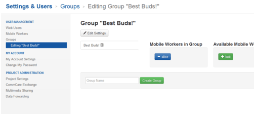 Editing the 'Best Buds!' mobile worker group in CommCare HQ