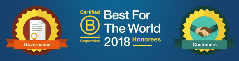 B Corporation 'Best For The World 2018' honoree badges for Governance and Customers