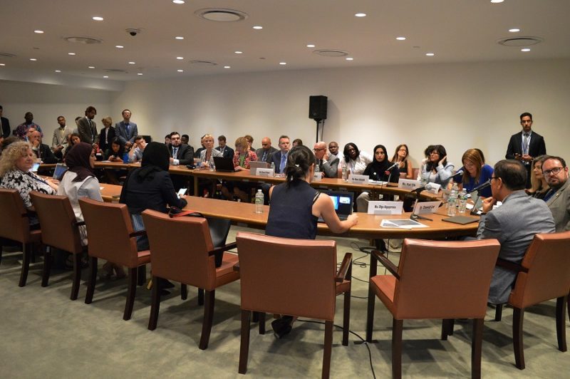 Delegates seated around a large oval table at a United Nations panel session