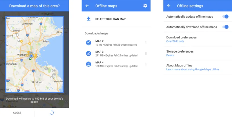 Google Maps offline-maps download and settings screens on Android