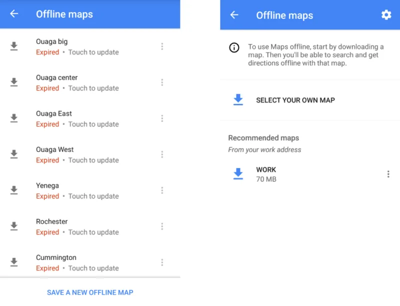 A Google Maps offline-maps list showing expired downloaded map areas