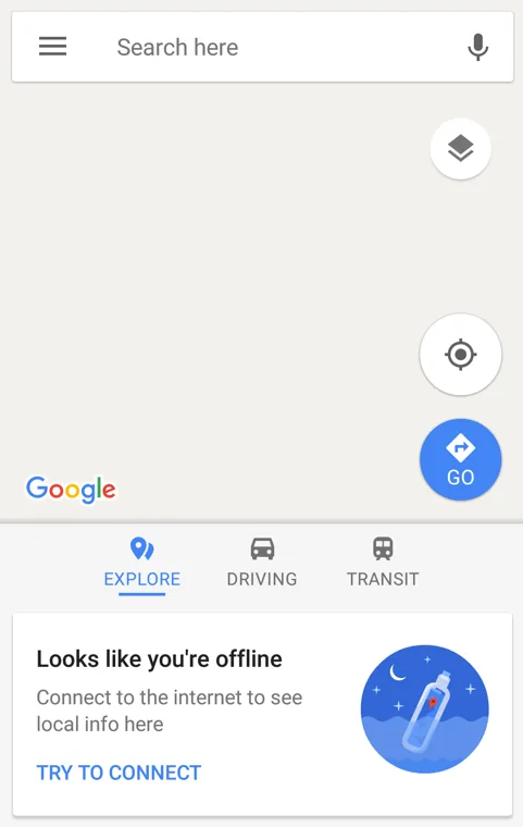 A Google Maps screen showing a 'Looks like you're offline' message