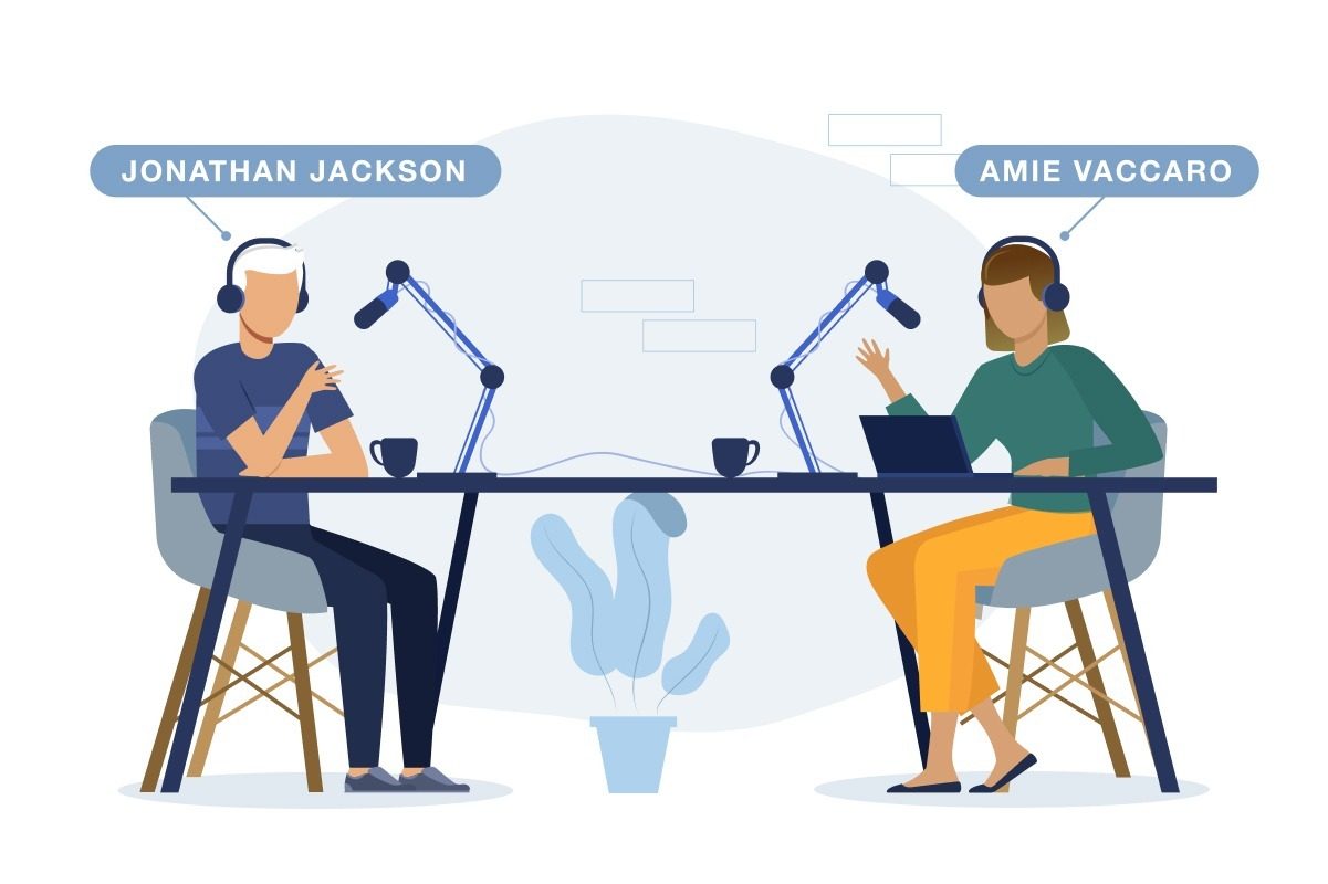 Illustration of Jonathan Jackson and Amie Vaccaro recording the High-Impact Growth podcast