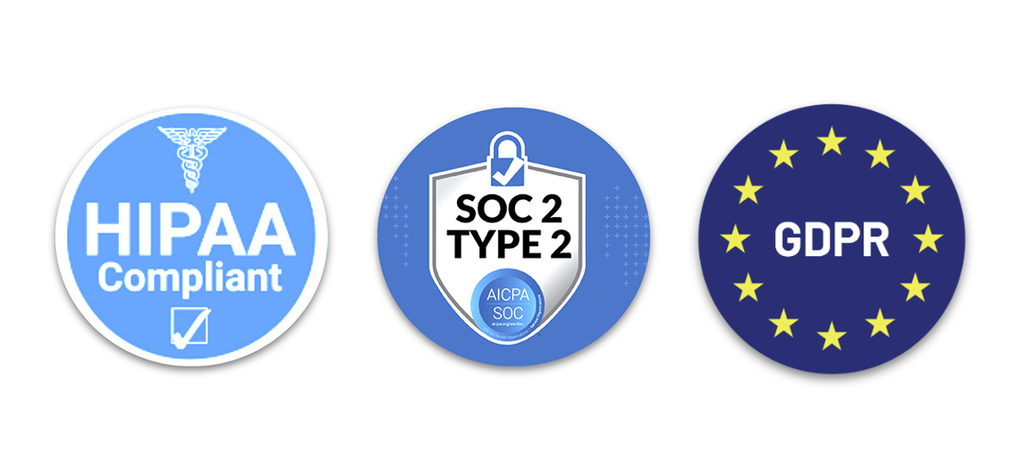 Logos showing SOC 2 type 2, HIPAA and GDPR compliance and ISO 9001 certified