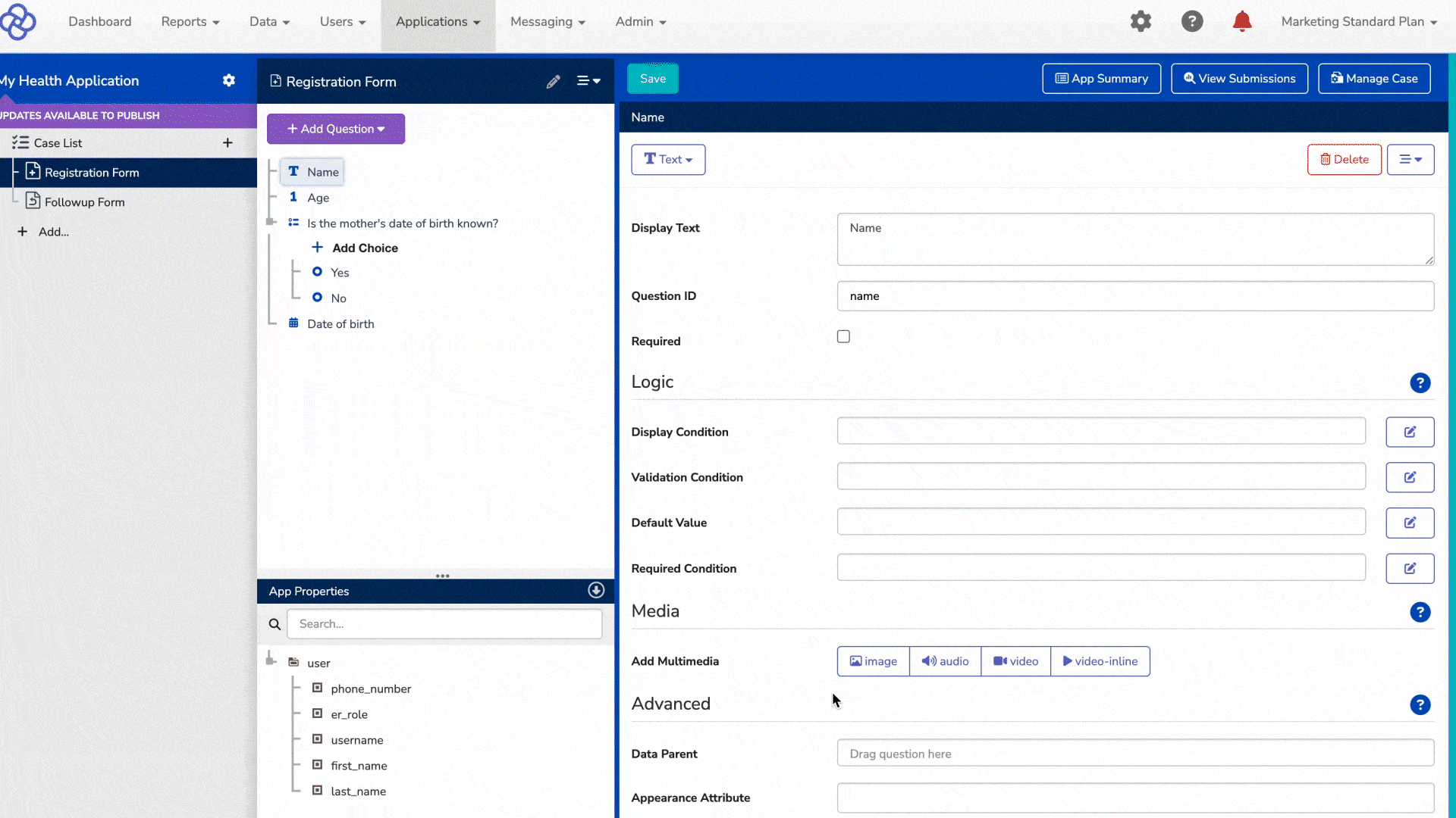 CommCare drag-and-drop form builder for creating data collection apps without coding
